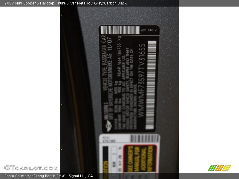Pure Silver Metallic / Grey/Carbon Black 2007 Mini Cooper S Hardtop