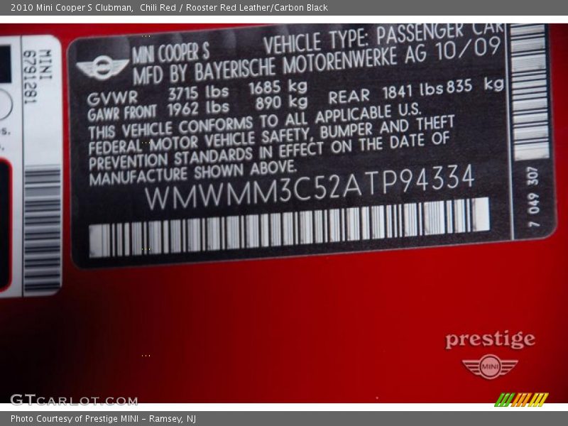 Chili Red / Rooster Red Leather/Carbon Black 2010 Mini Cooper S Clubman