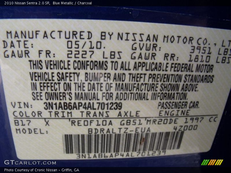 Blue Metallic / Charcoal 2010 Nissan Sentra 2.0 SR