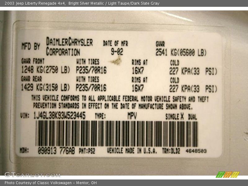 Bright Silver Metallic / Light Taupe/Dark Slate Gray 2003 Jeep Liberty Renegade 4x4