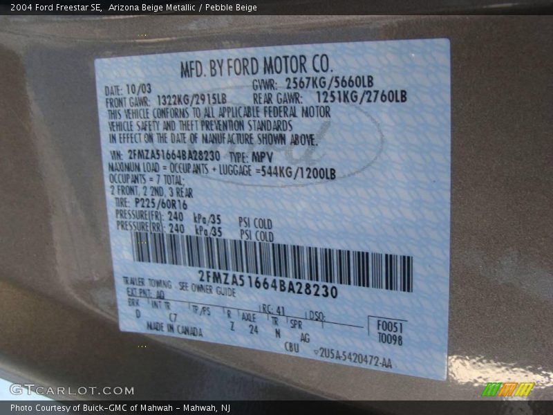 Arizona Beige Metallic / Pebble Beige 2004 Ford Freestar SE