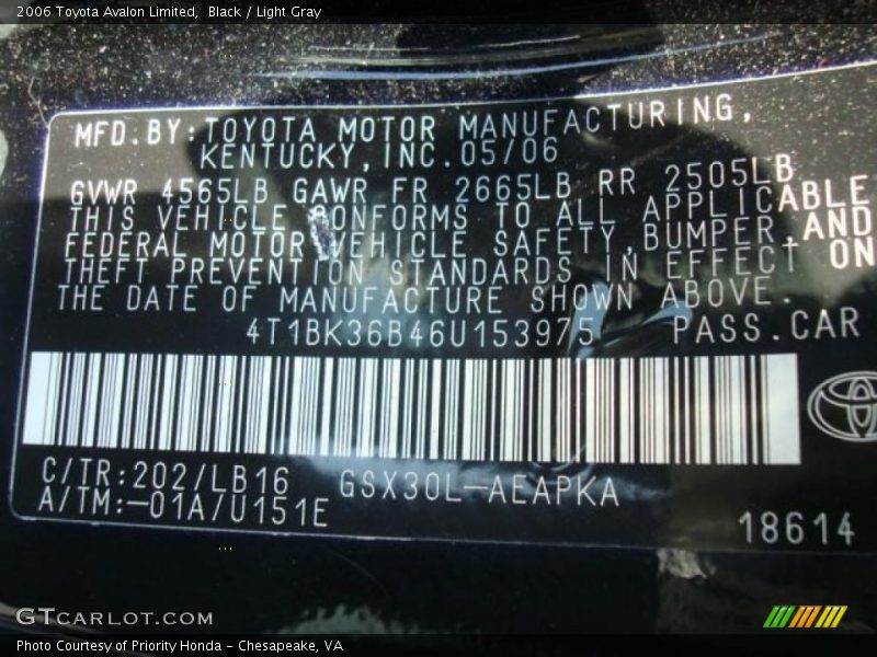 Black / Light Gray 2006 Toyota Avalon Limited