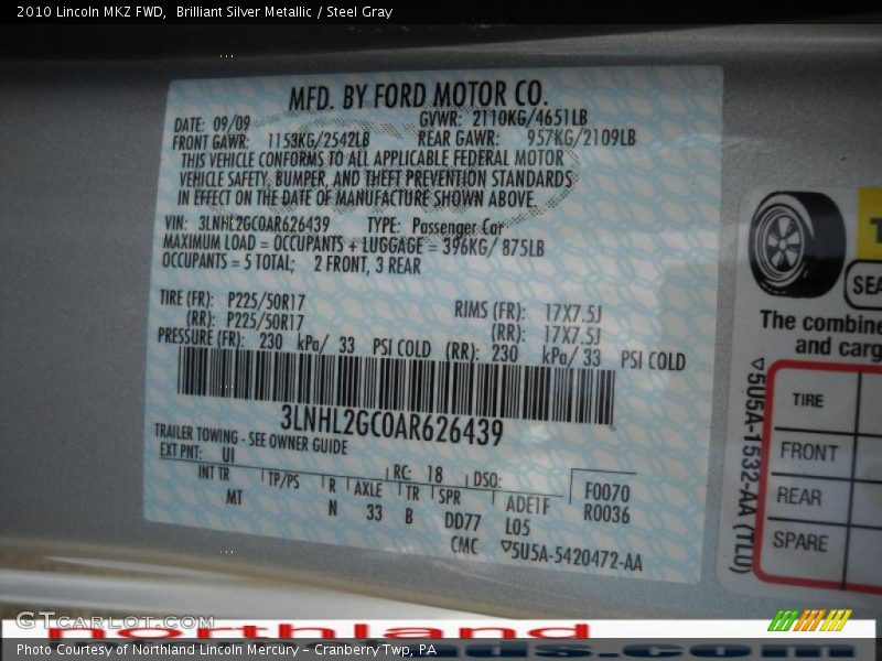 Brilliant Silver Metallic / Steel Gray 2010 Lincoln MKZ FWD