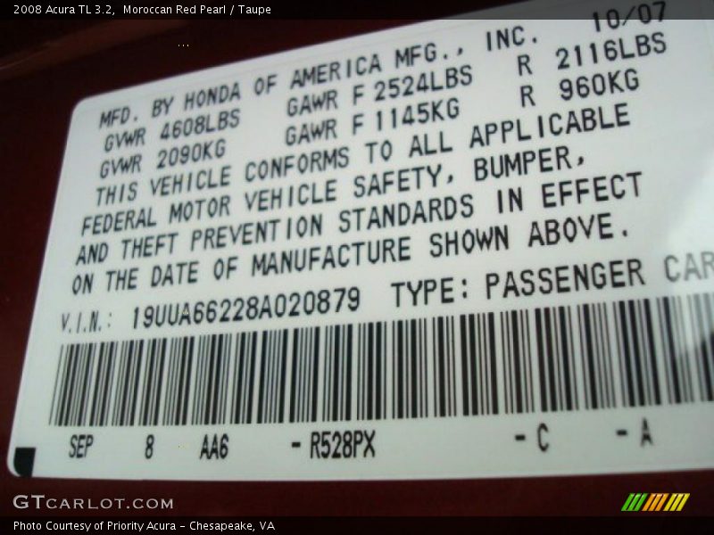 Moroccan Red Pearl / Taupe 2008 Acura TL 3.2