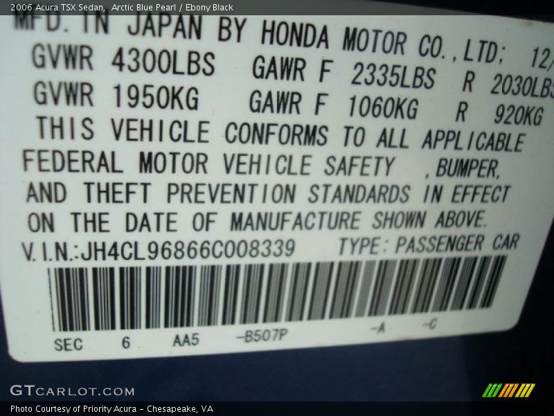 2006 TSX Sedan Arctic Blue Pearl Color Code B507P