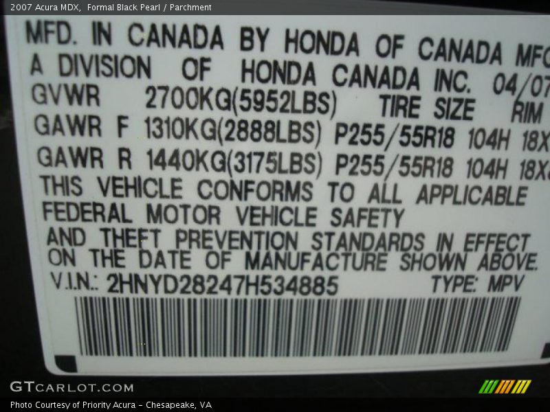 Formal Black Pearl / Parchment 2007 Acura MDX