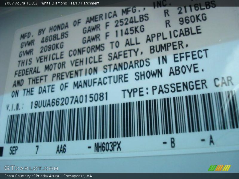 White Diamond Pearl / Parchment 2007 Acura TL 3.2