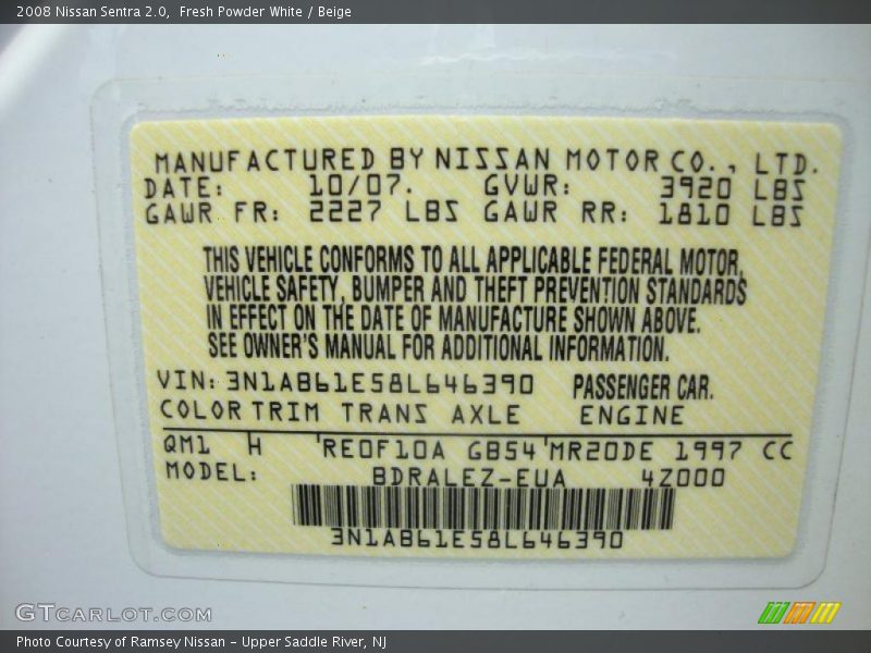 Fresh Powder White / Beige 2008 Nissan Sentra 2.0