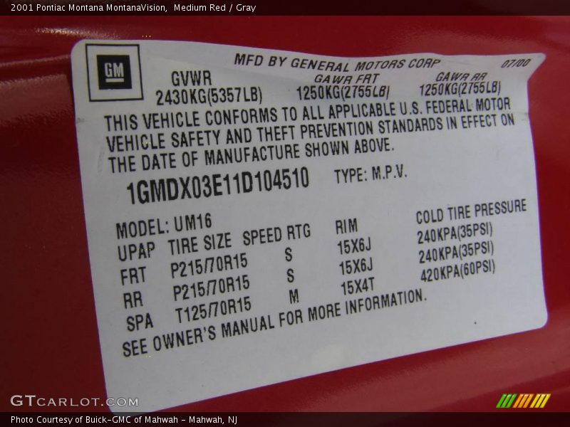 Medium Red / Gray 2001 Pontiac Montana MontanaVision