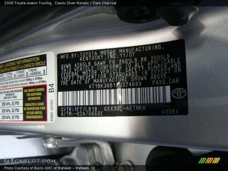 Classic Silver Metallic / Dark Charcoal 2008 Toyota Avalon Touring