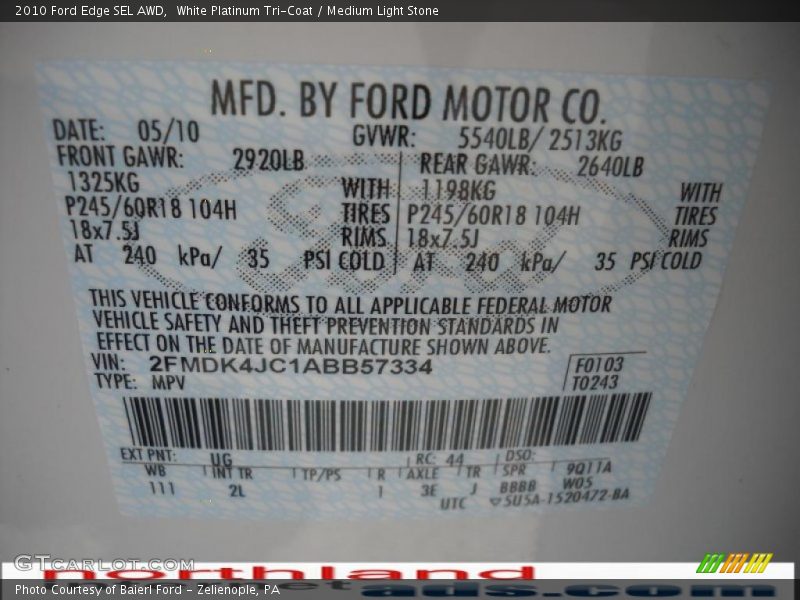 White Platinum Tri-Coat / Medium Light Stone 2010 Ford Edge SEL AWD