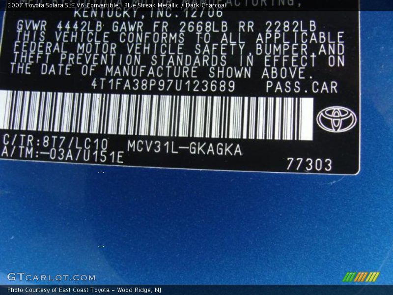 Blue Streak Metallic / Dark Charcoal 2007 Toyota Solara SLE V6 Convertible