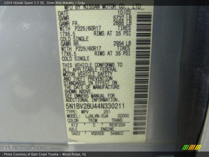 Silver Mist Metallic / Gray 2004 Nissan Quest 3.5 SE