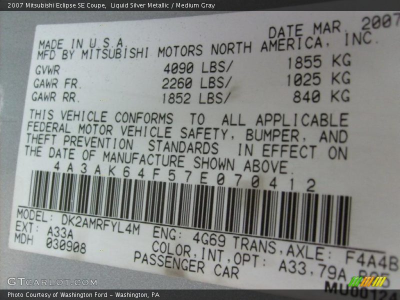 Liquid Silver Metallic / Medium Gray 2007 Mitsubishi Eclipse SE Coupe