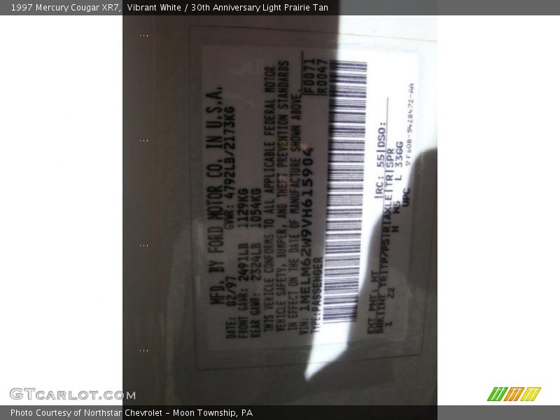 Vibrant White / 30th Anniversary Light Prairie Tan 1997 Mercury Cougar XR7