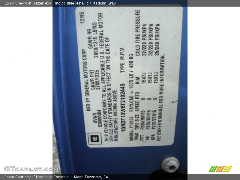 Indigo Blue Metallic / Medium Gray 1996 Chevrolet Blazer 4x4