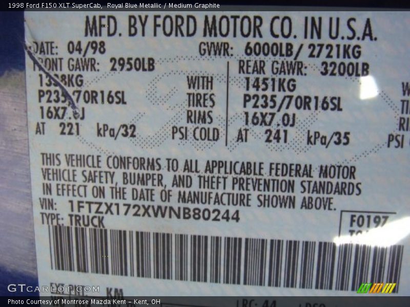Royal Blue Metallic / Medium Graphite 1998 Ford F150 XLT SuperCab