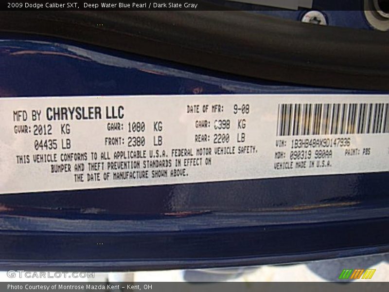 Deep Water Blue Pearl / Dark Slate Gray 2009 Dodge Caliber SXT