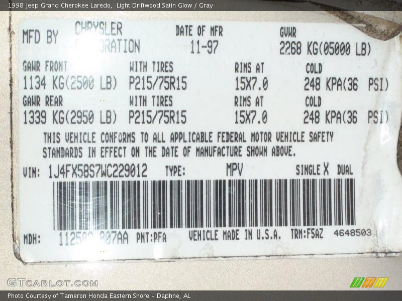 Light Driftwood Satin Glow / Gray 1998 Jeep Grand Cherokee Laredo