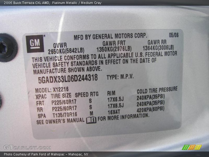 Platinum Metallic / Medium Gray 2006 Buick Terraza CXL AWD