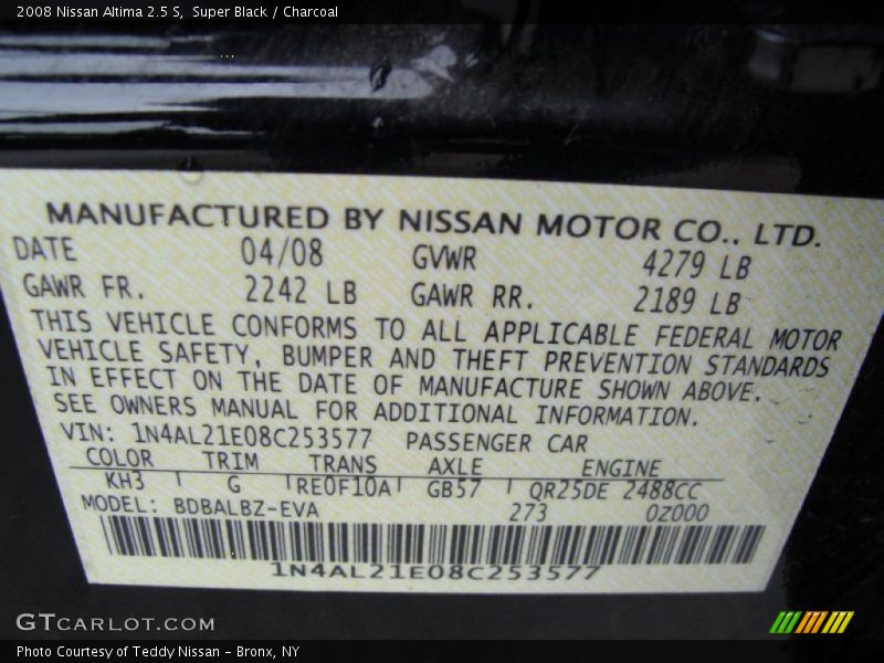 Super Black / Charcoal 2008 Nissan Altima 2.5 S