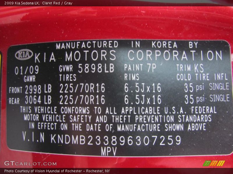 Claret Red / Gray 2009 Kia Sedona LX