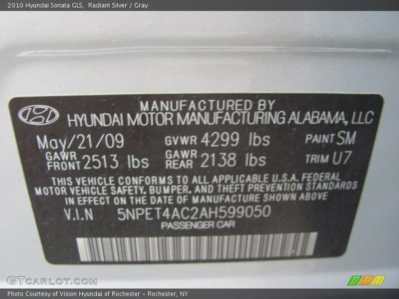 Radiant Silver / Gray 2010 Hyundai Sonata GLS