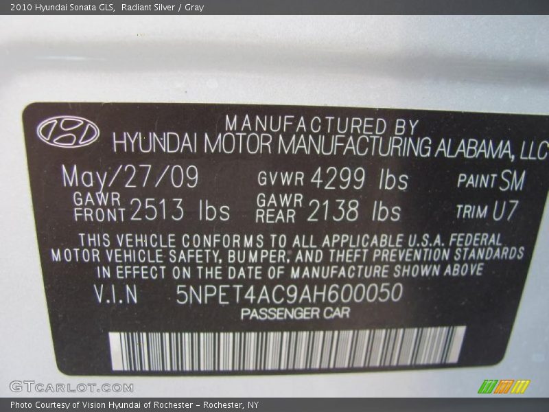 Radiant Silver / Gray 2010 Hyundai Sonata GLS