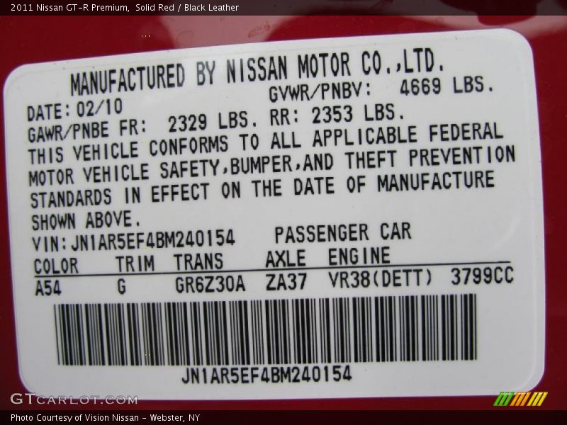 Solid Red / Black Leather 2011 Nissan GT-R Premium