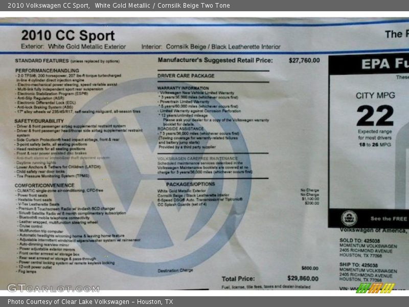 White Gold Metallic / Cornsilk Beige Two Tone 2010 Volkswagen CC Sport