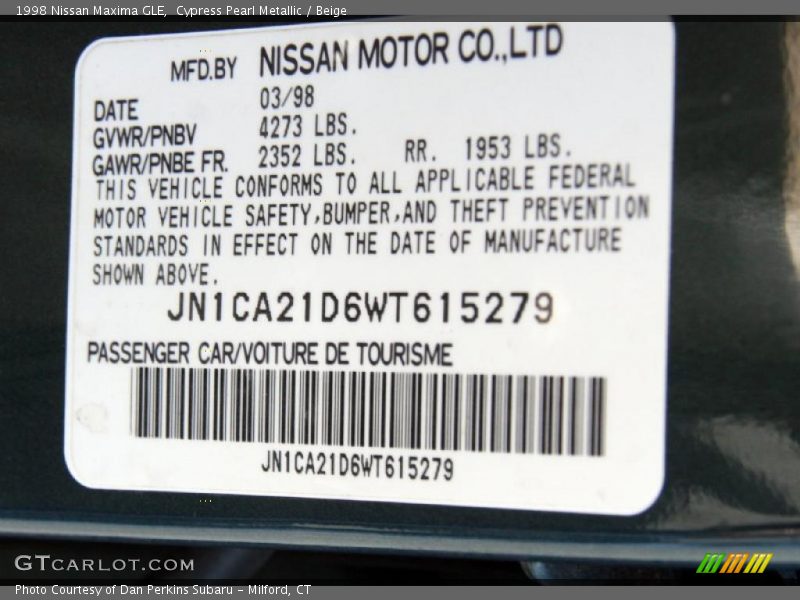 Cypress Pearl Metallic / Beige 1998 Nissan Maxima GLE