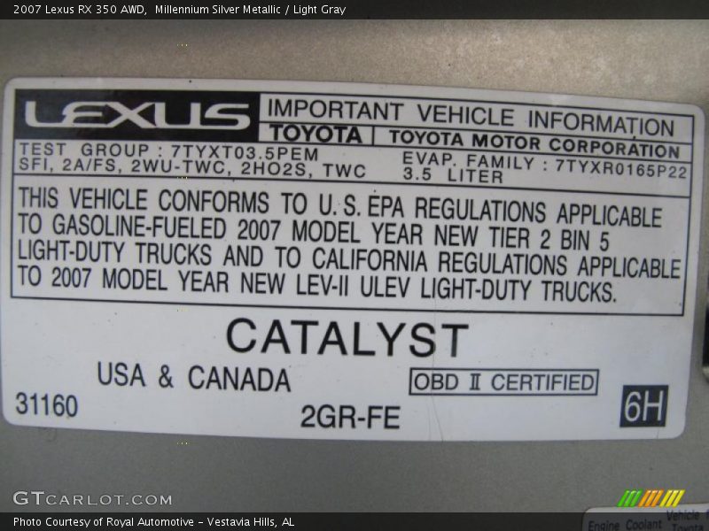 Millennium Silver Metallic / Light Gray 2007 Lexus RX 350 AWD