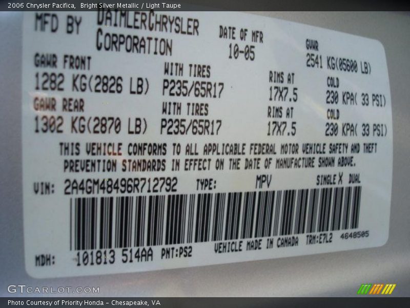 Bright Silver Metallic / Light Taupe 2006 Chrysler Pacifica