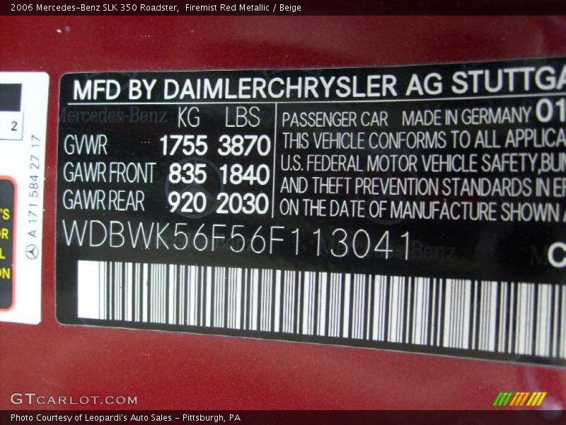 Firemist Red Metallic / Beige 2006 Mercedes-Benz SLK 350 Roadster