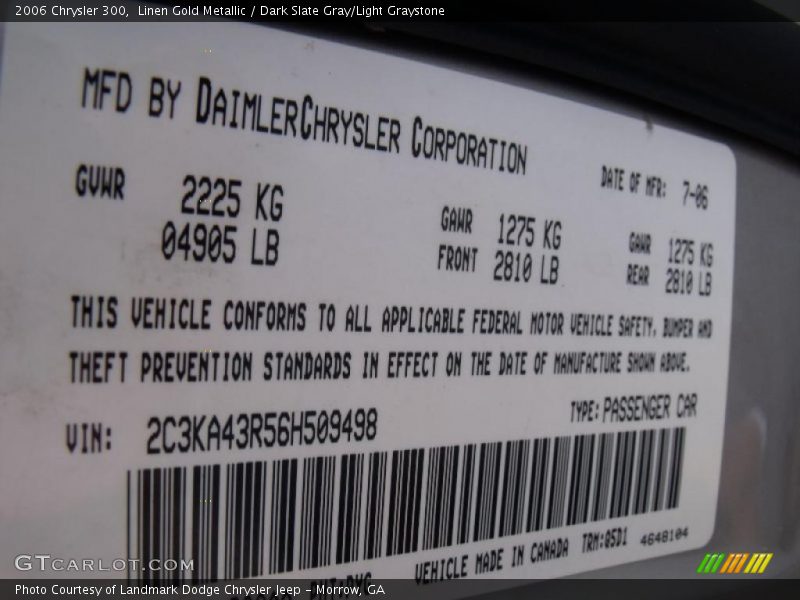 Linen Gold Metallic / Dark Slate Gray/Light Graystone 2006 Chrysler 300