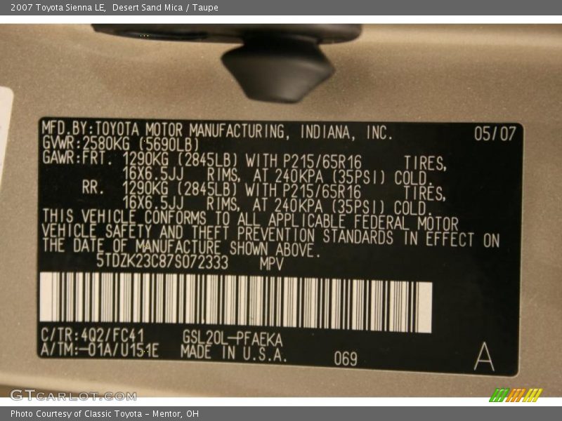 Desert Sand Mica / Taupe 2007 Toyota Sienna LE