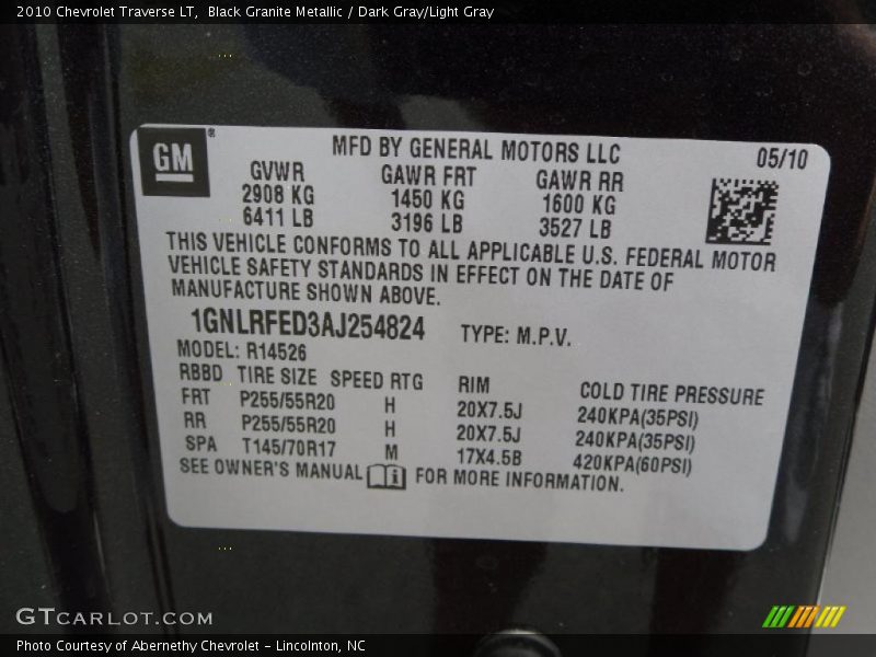 Black Granite Metallic / Dark Gray/Light Gray 2010 Chevrolet Traverse LT