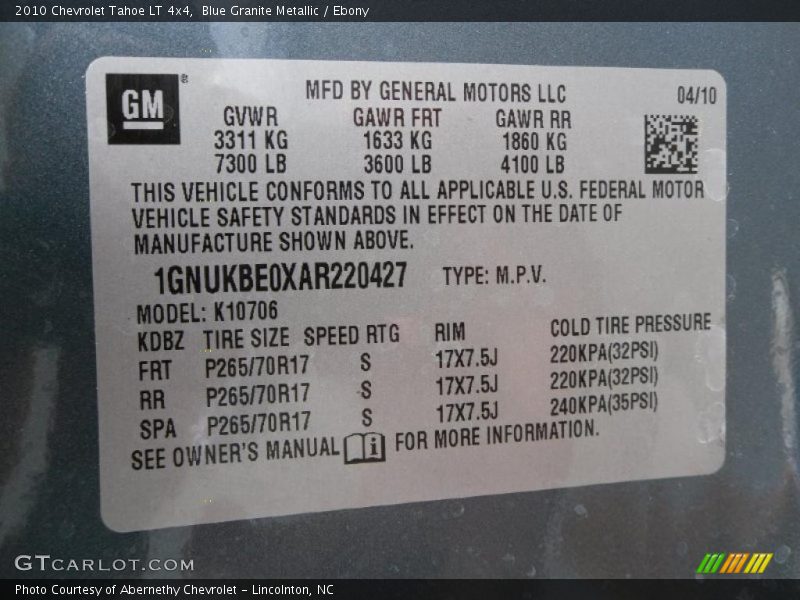 Blue Granite Metallic / Ebony 2010 Chevrolet Tahoe LT 4x4