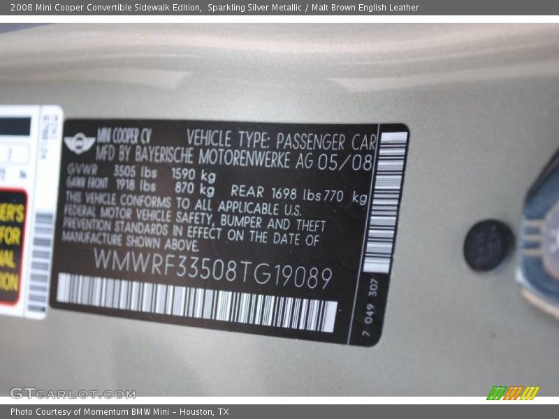 Sparkling Silver Metallic / Malt Brown English Leather 2008 Mini Cooper Convertible Sidewalk Edition