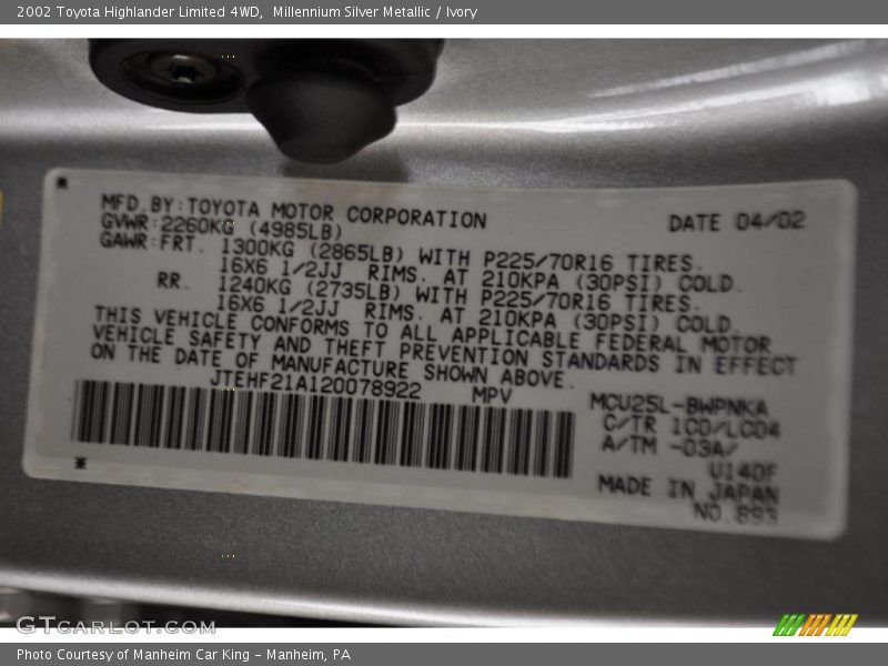 Millennium Silver Metallic / Ivory 2002 Toyota Highlander Limited 4WD