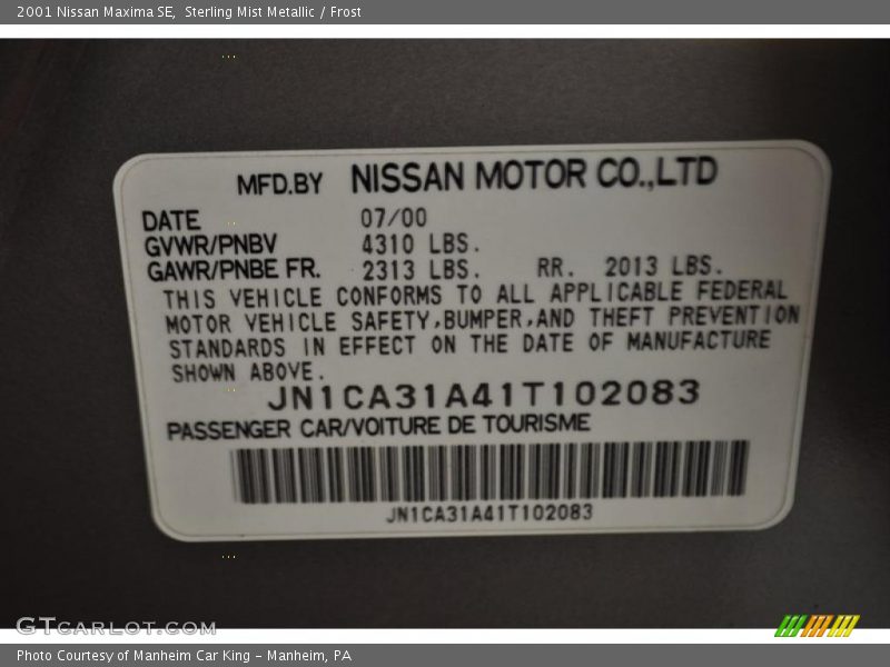 Sterling Mist Metallic / Frost 2001 Nissan Maxima SE