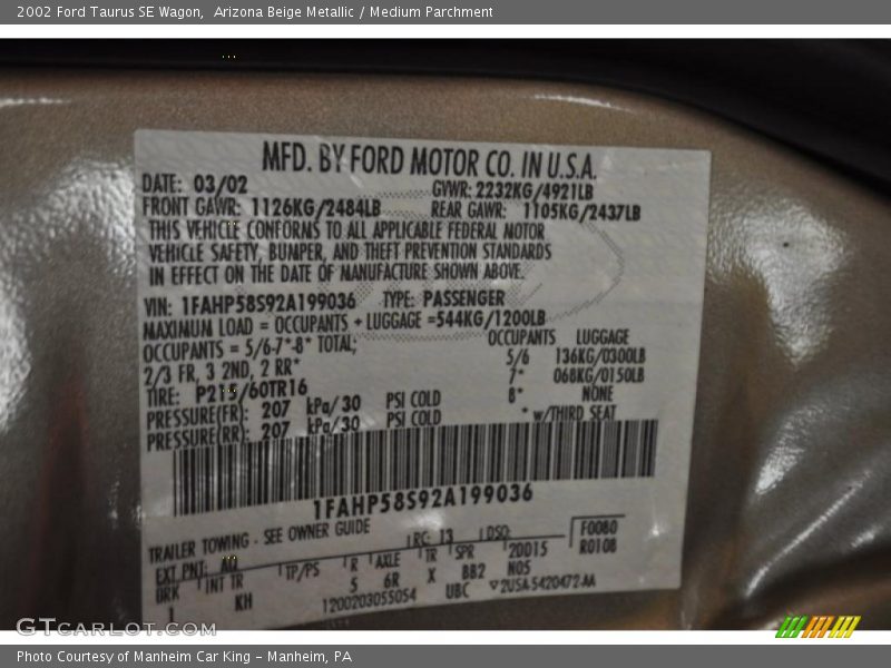 Arizona Beige Metallic / Medium Parchment 2002 Ford Taurus SE Wagon