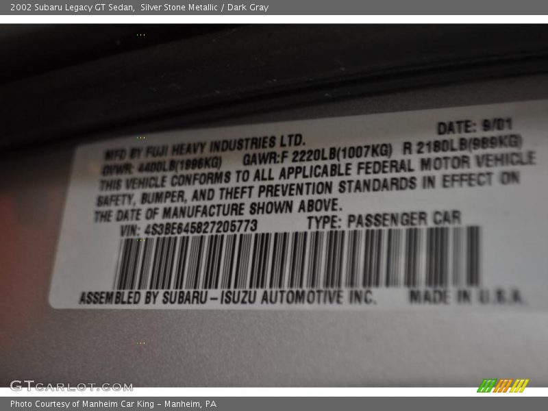 Silver Stone Metallic / Dark Gray 2002 Subaru Legacy GT Sedan