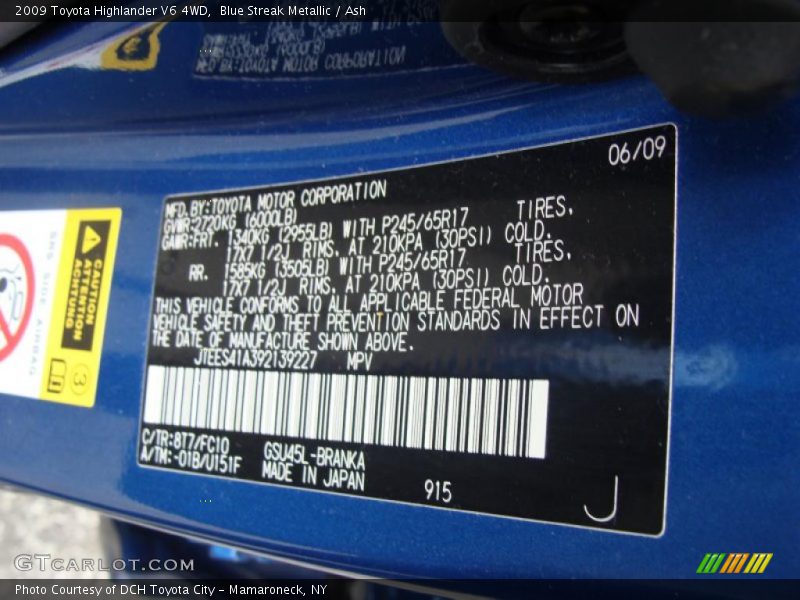 Blue Streak Metallic / Ash 2009 Toyota Highlander V6 4WD