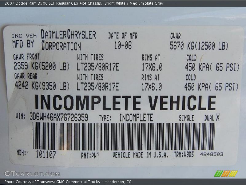 Bright White / Medium Slate Gray 2007 Dodge Ram 3500 SLT Regular Cab 4x4 Chassis