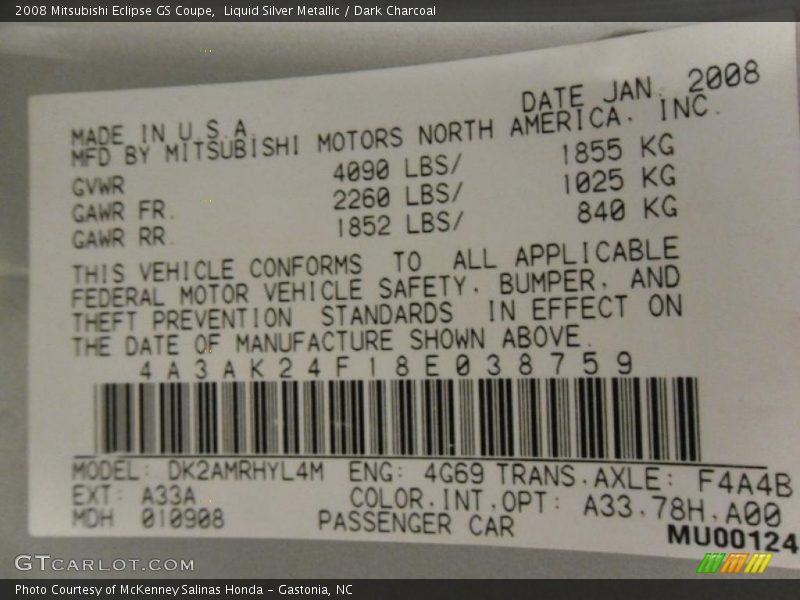 Liquid Silver Metallic / Dark Charcoal 2008 Mitsubishi Eclipse GS Coupe