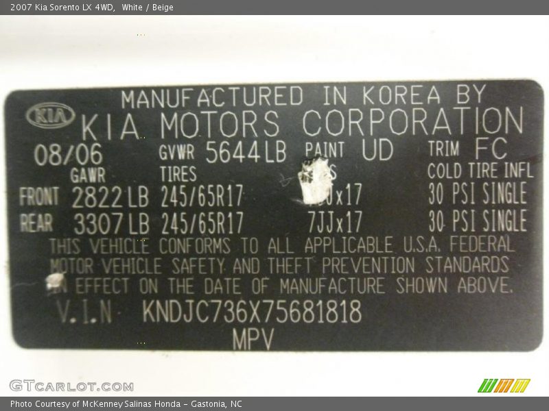 White / Beige 2007 Kia Sorento LX 4WD