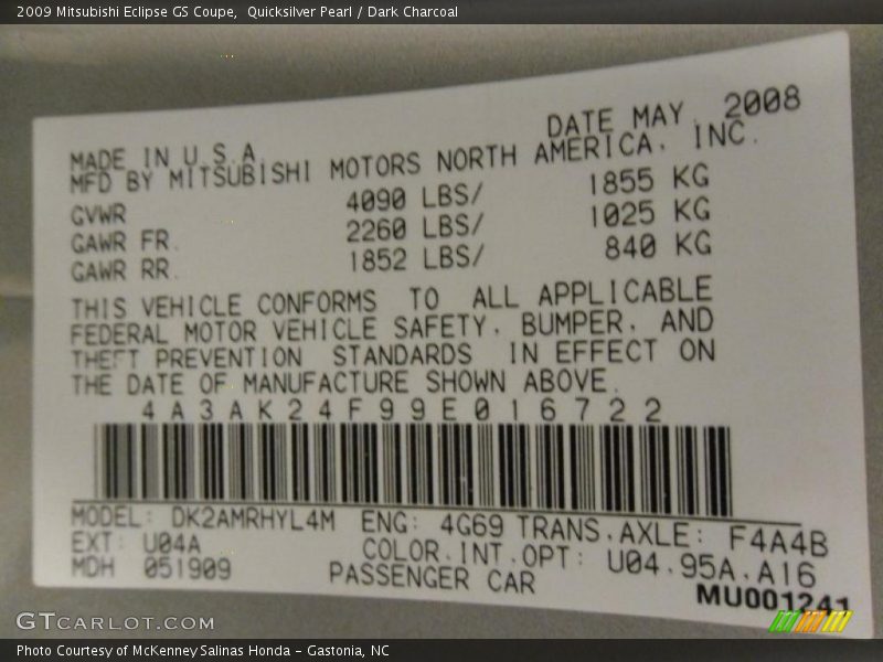 Quicksilver Pearl / Dark Charcoal 2009 Mitsubishi Eclipse GS Coupe