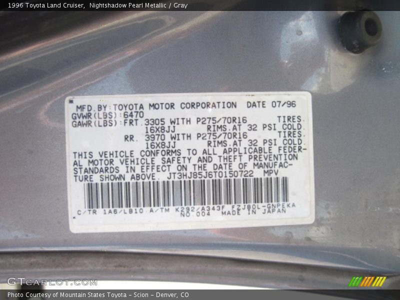 Nightshadow Pearl Metallic / Gray 1996 Toyota Land Cruiser