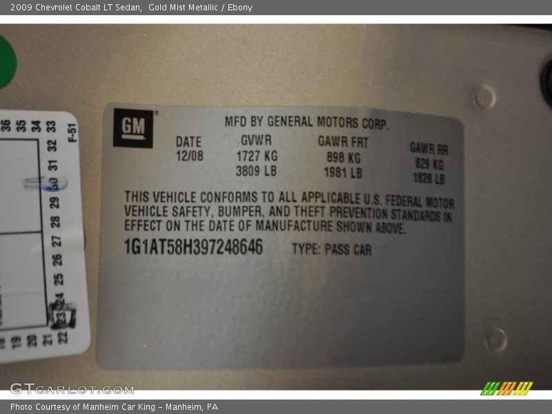 Gold Mist Metallic / Ebony 2009 Chevrolet Cobalt LT Sedan
